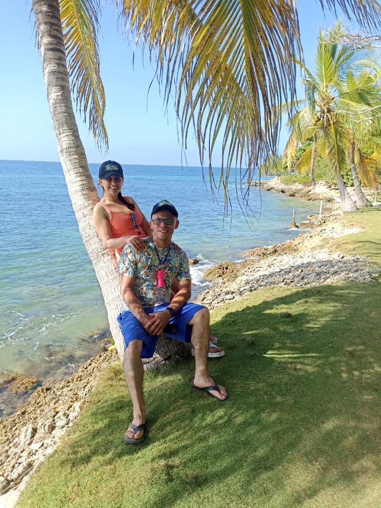 Costa rocosa con palmeras y mar azul