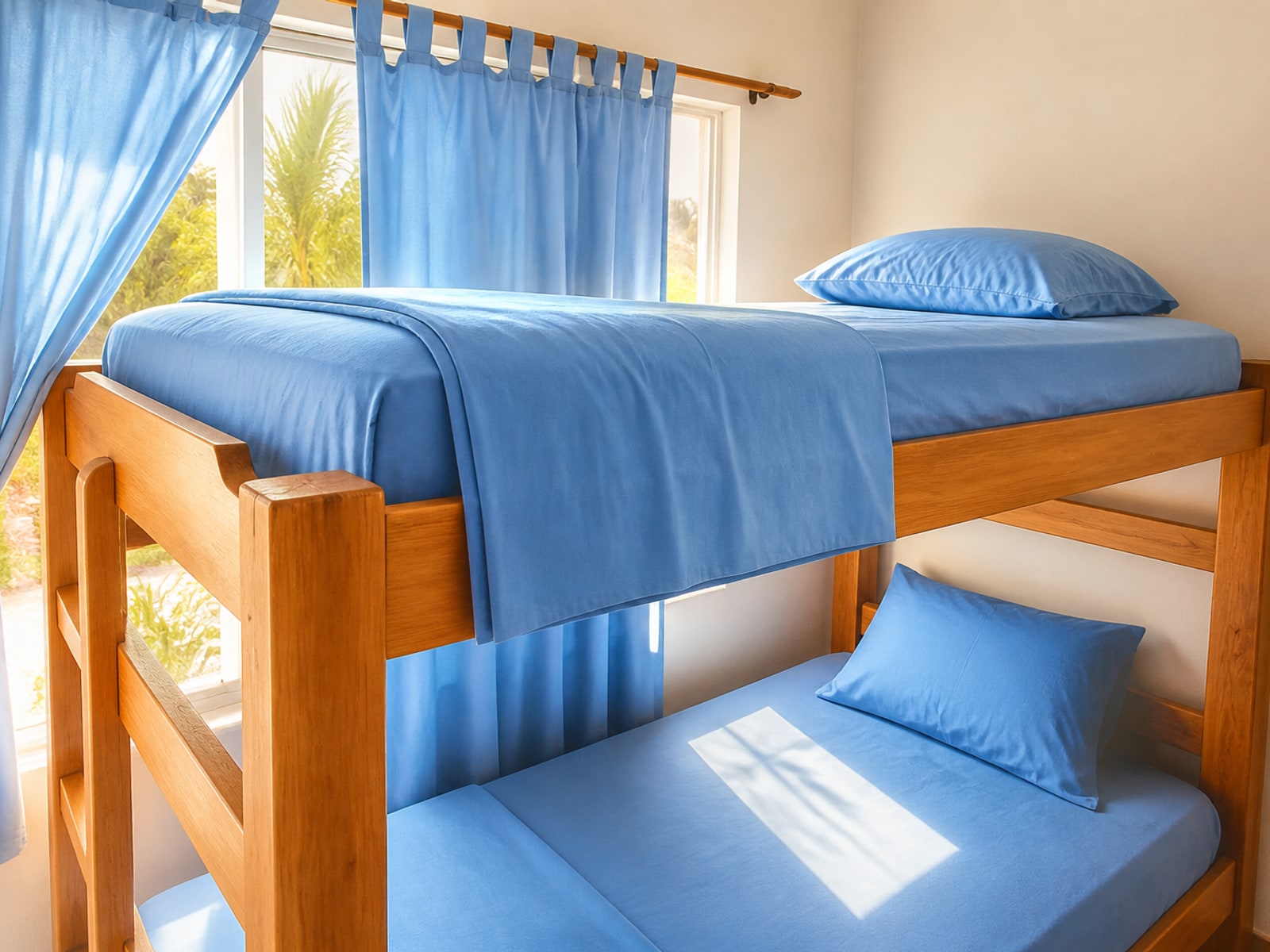 Habitación múltiple con literas de madera y ropa de cama azul junto a la ventana